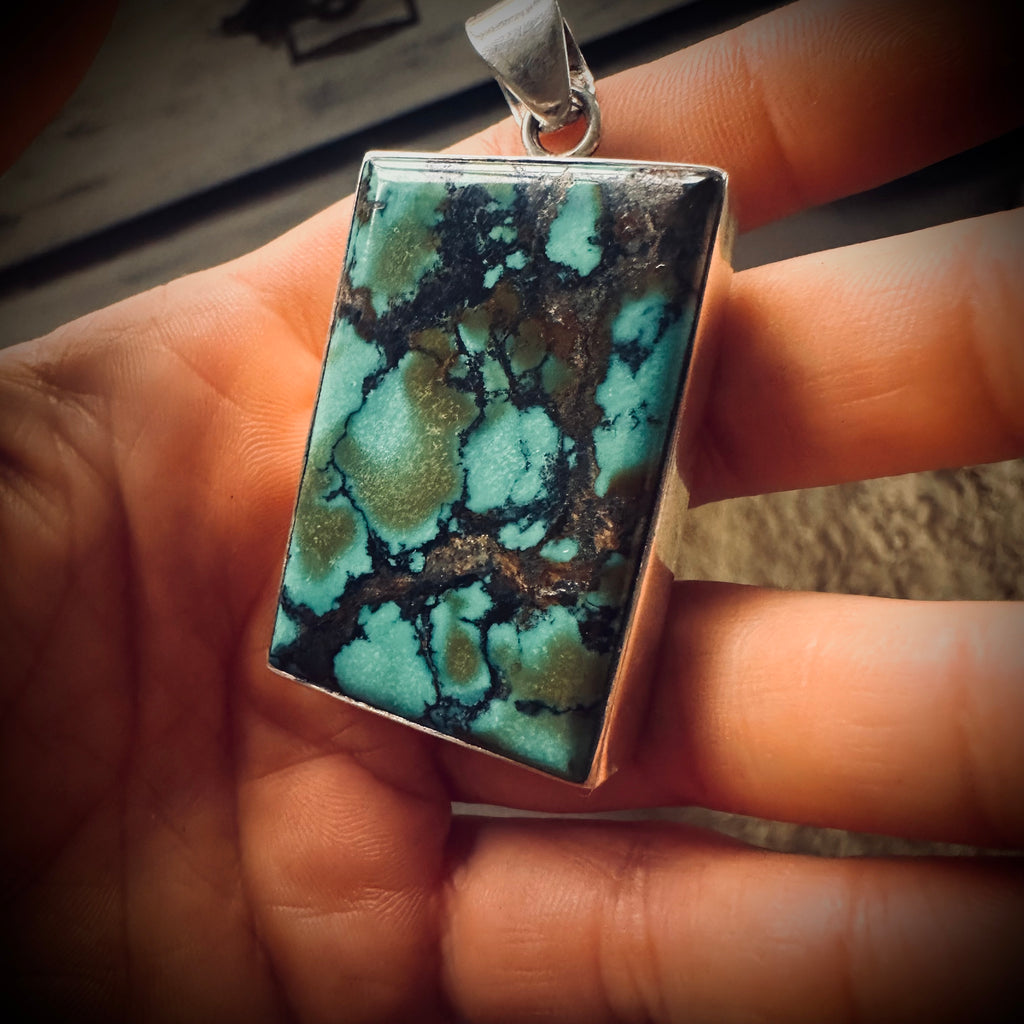 Big and heavy vintage turquoise pendant with chunky sterling silver setting