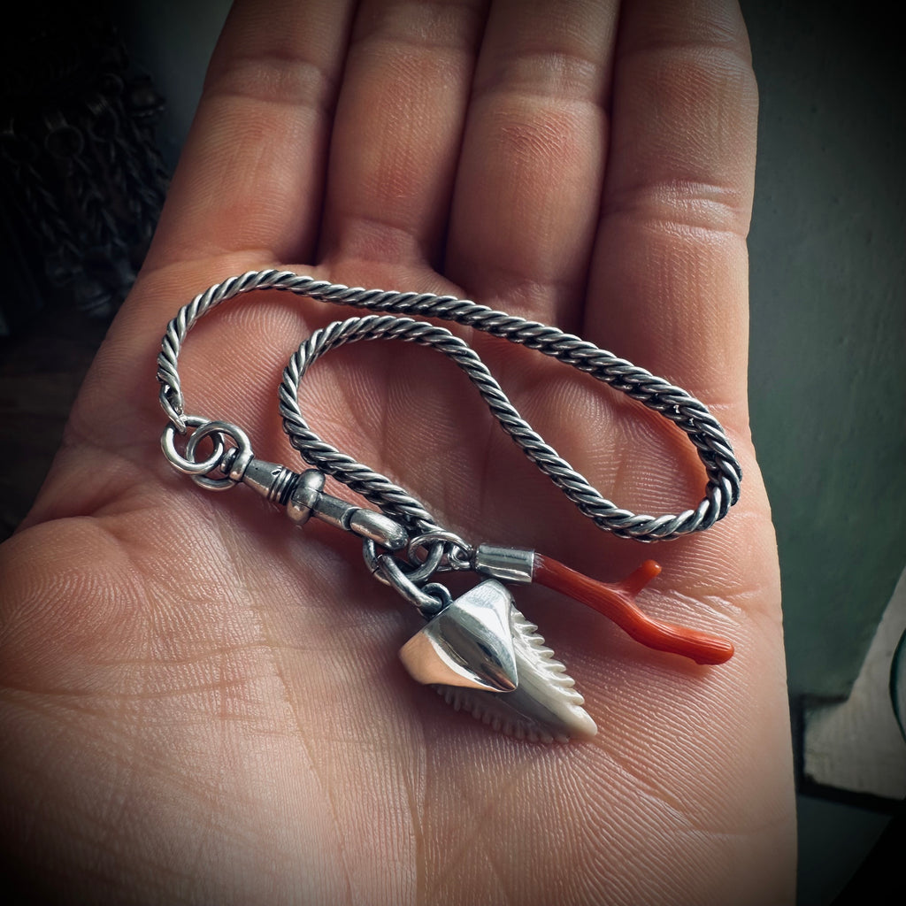 7” Antique sterling silver guard chain bracelet with Albert clip, fossil shark tooth and coral