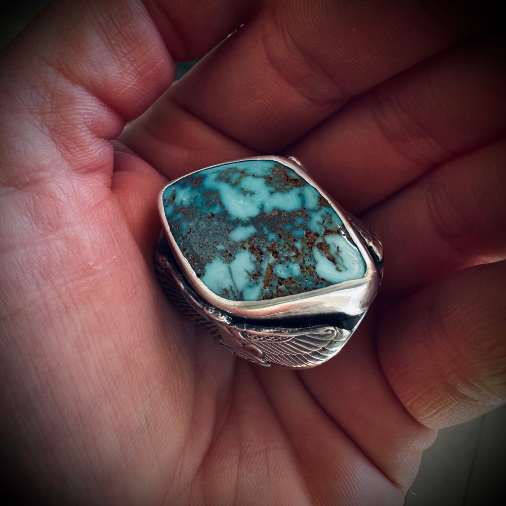 Size 8 (P 1/2) Sterling silver hallmarked turquoise winged Isis ring