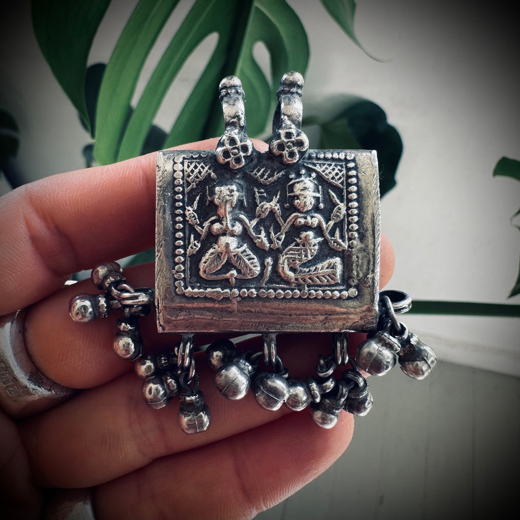 Large heavy vintage Indian spiritual talisman pendant in sterling silver