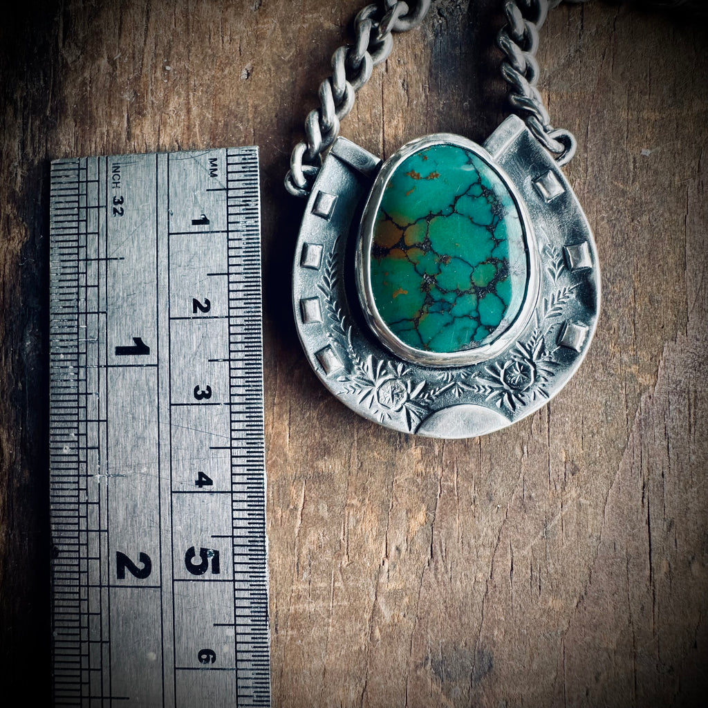Sterling silver hallmarked lucky horseshoe necklace with turquoise and 24” antique heavy chain