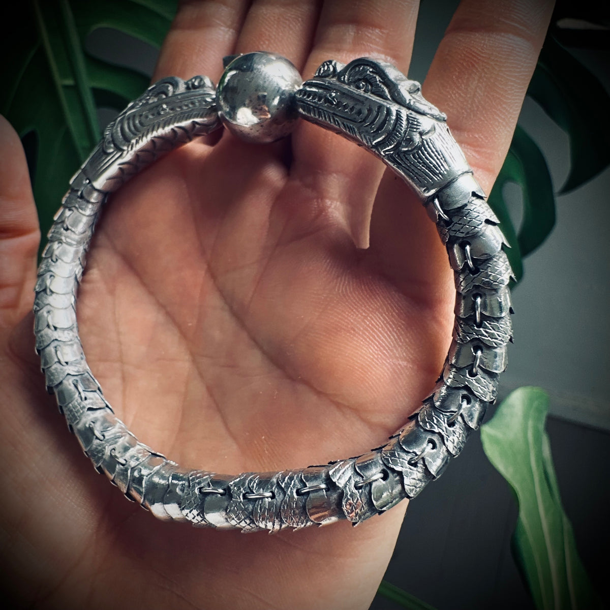 8.5” vintage handmade sterling silver articulated rare dragon bracelet