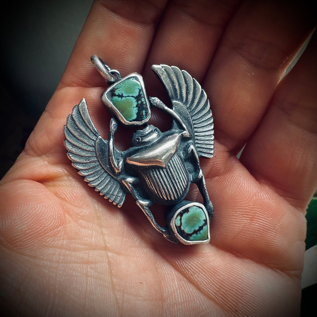 Hallmarked sterling silver and turquoise scarab pendant
