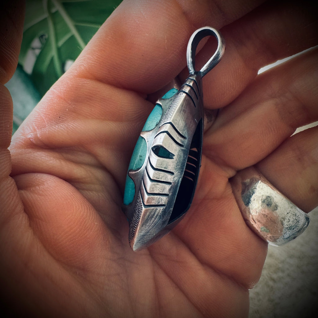 Chunky vintage Native American turquoise pendant in sterling silver