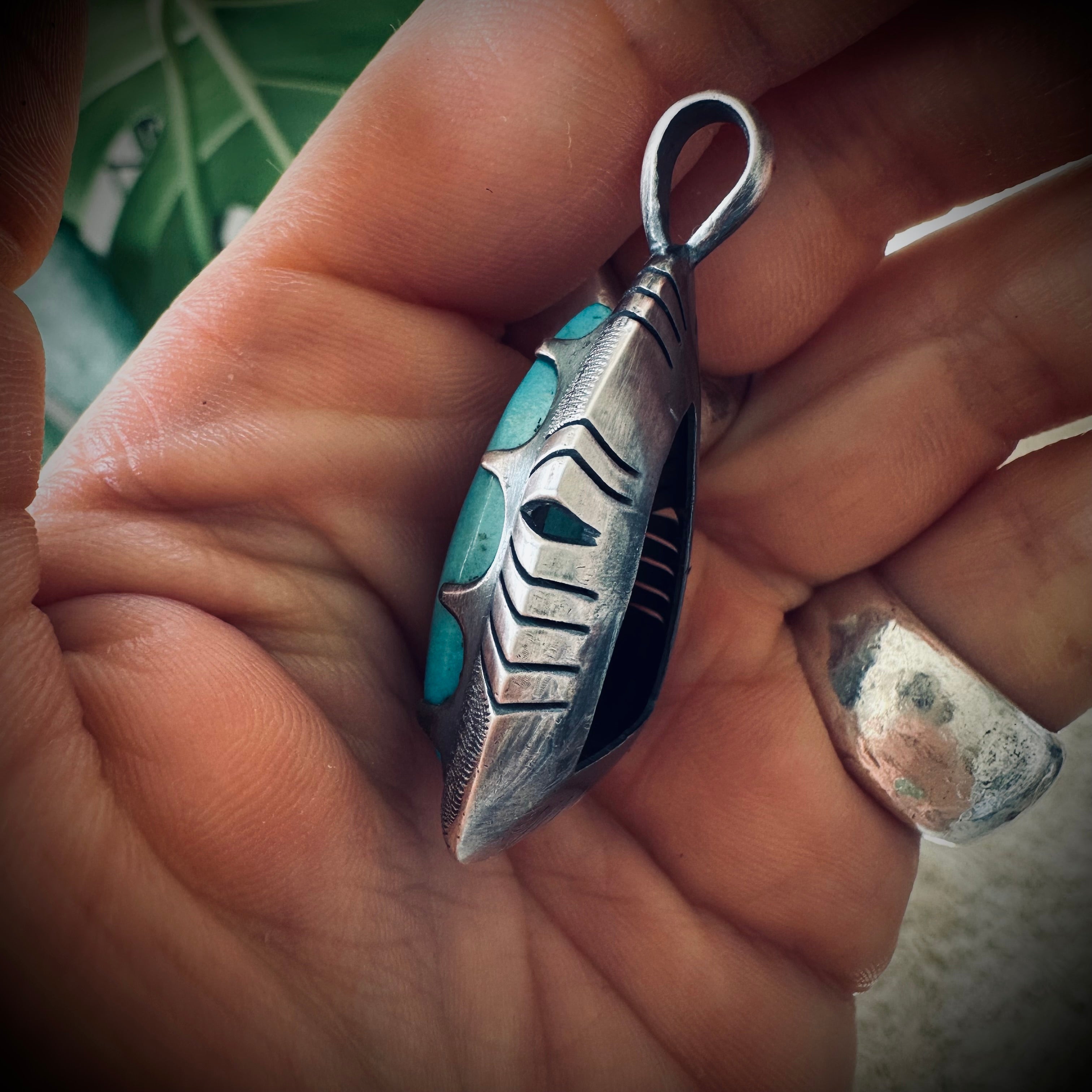 Chunky vintage Native American turquoise pendant in sterling silver