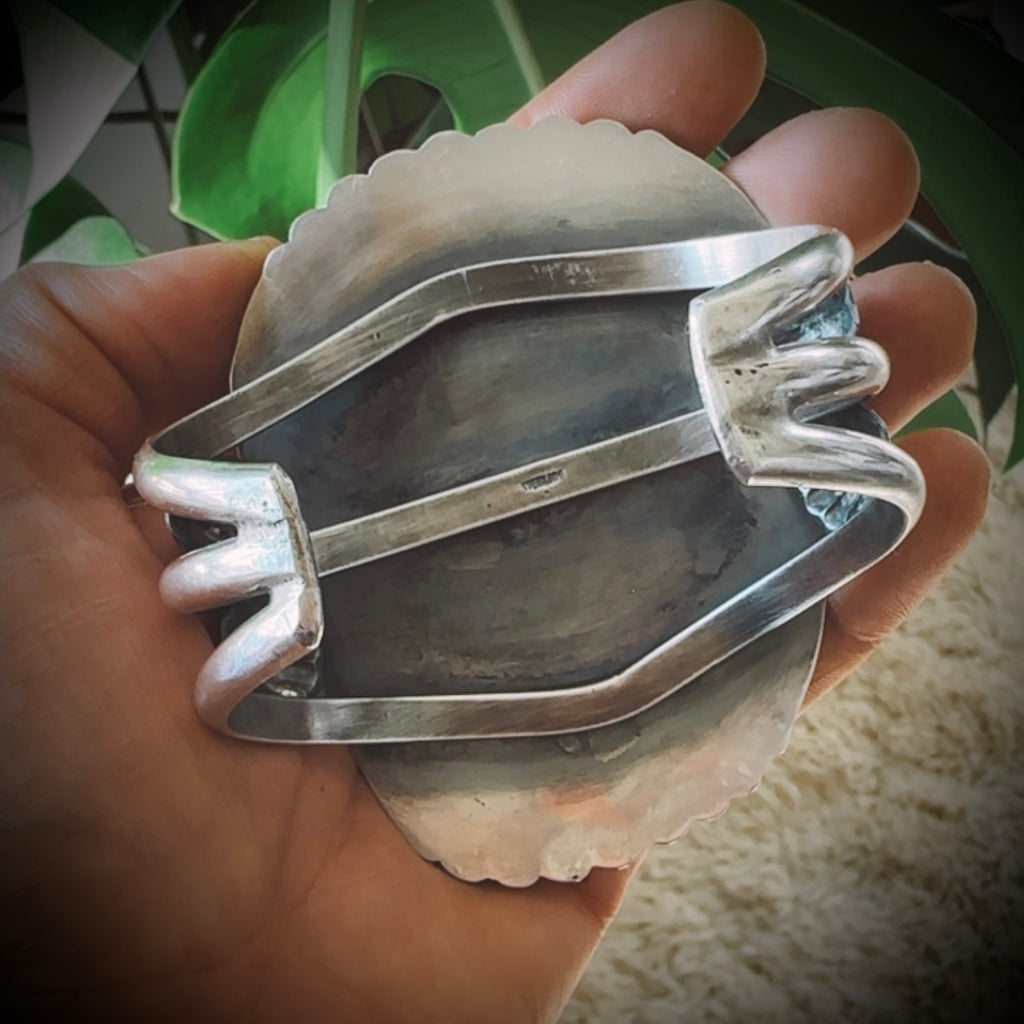 132g “Cuffzilla” vintage Native American cuff bracelet in heavy sterling silver with XL turquoise stone and stud details
