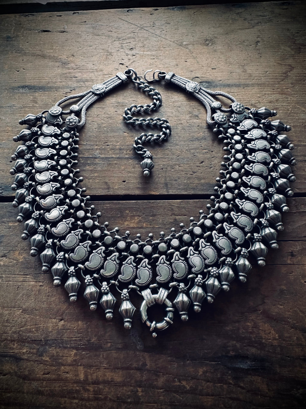 248g 16” + 6” extender big heavy Indian vintage bib necklace with chunky bolt ring in sterling silver
