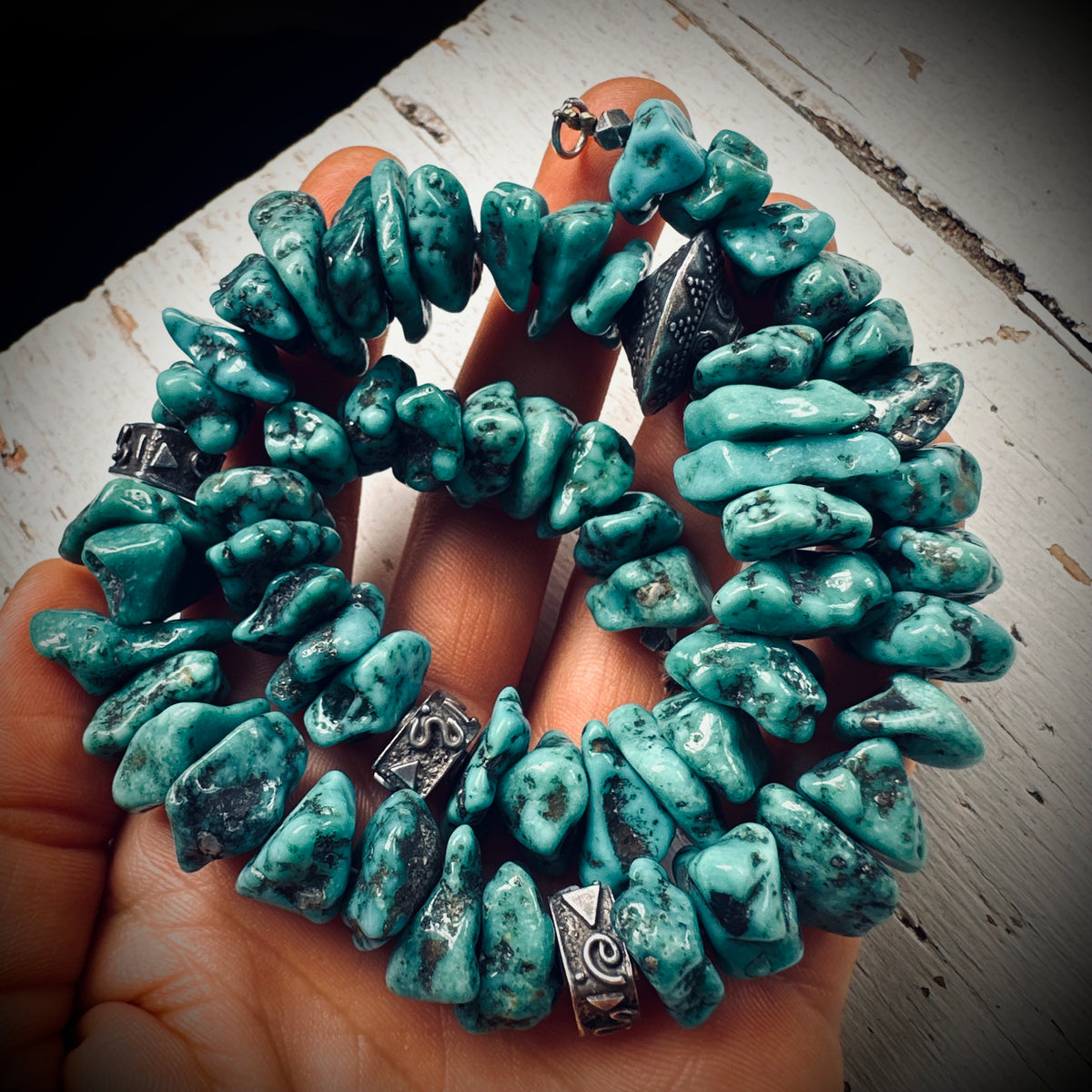 17.5” heavy Vintage nugget turquoise necklace with sterling silver accents