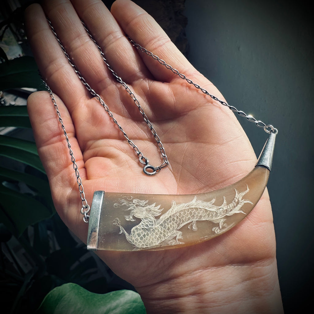 21” reworked vintage horn necklace sterling silver with gorgeous carved dragon