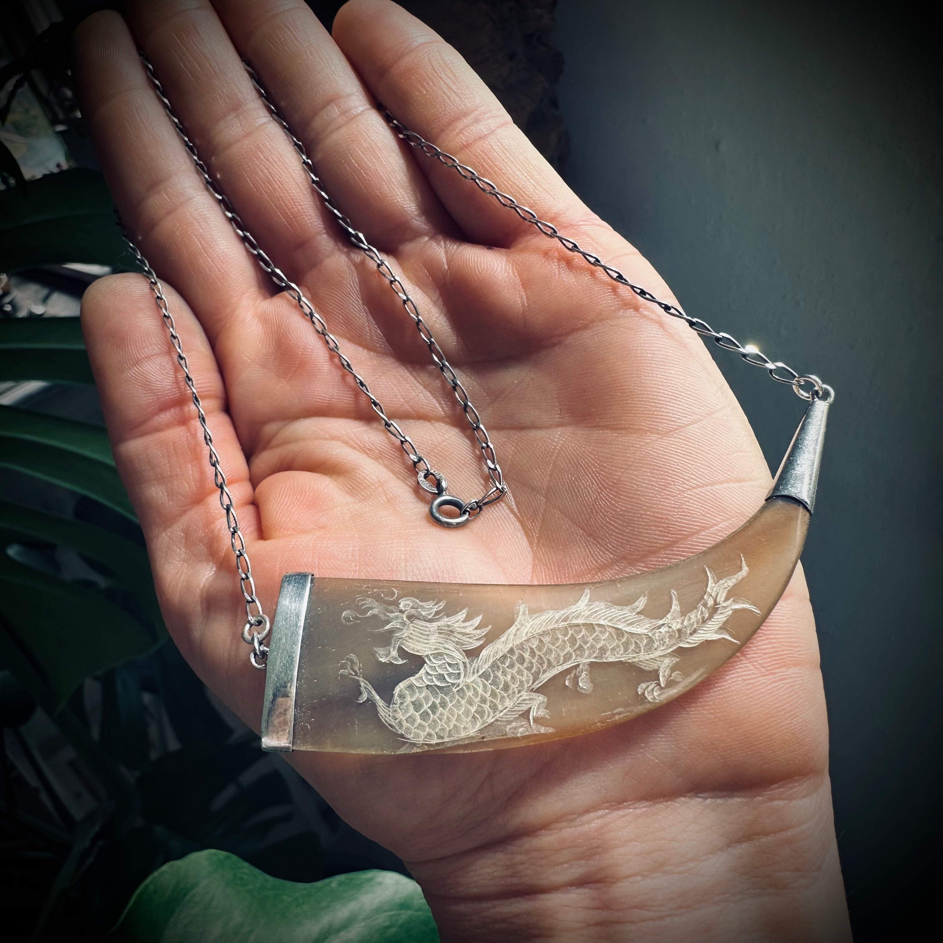 21” reworked vintage horn necklace sterling silver with gorgeous carved dragon