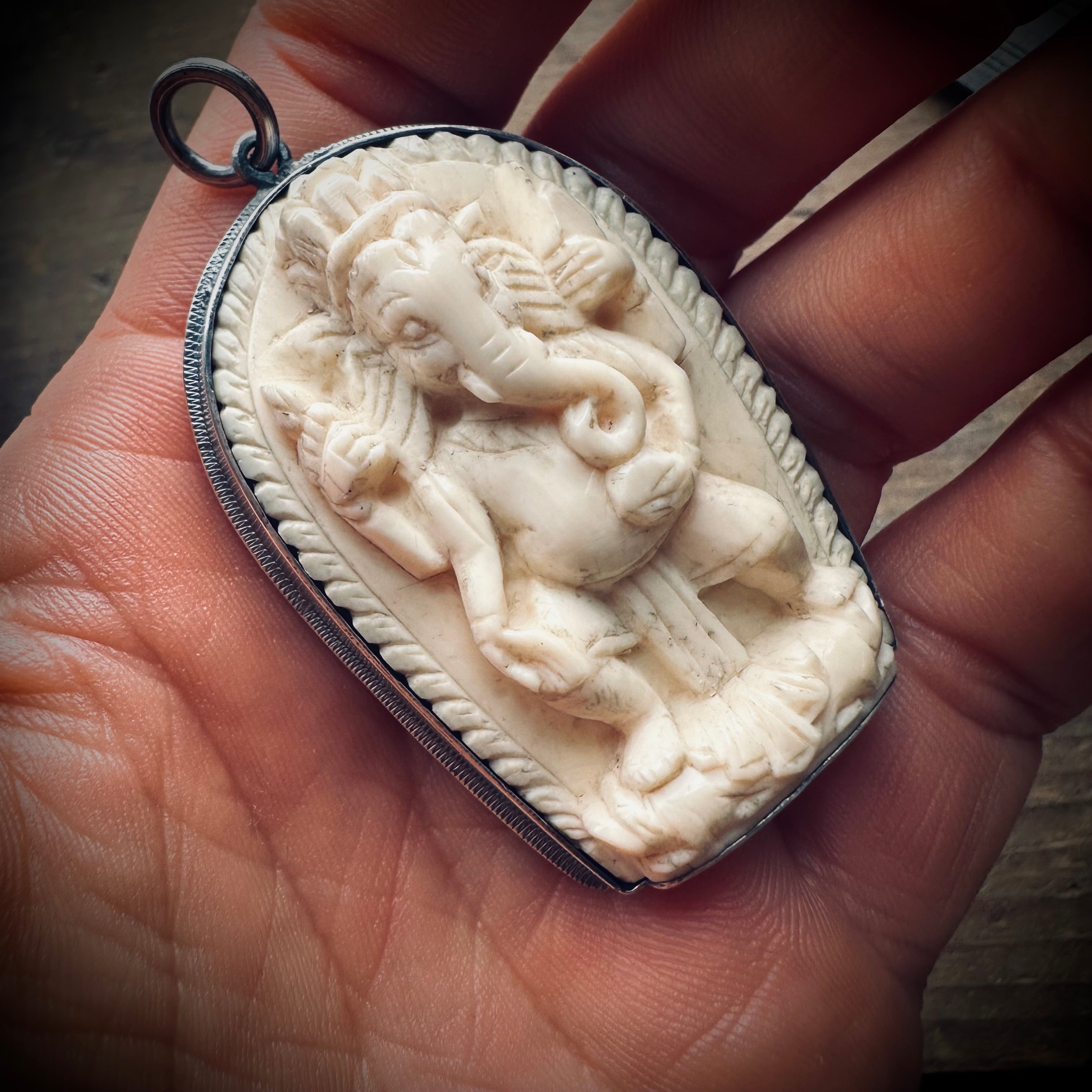 Reworked vintage carved bone Ganesha pendant in sterling silver ornate setting