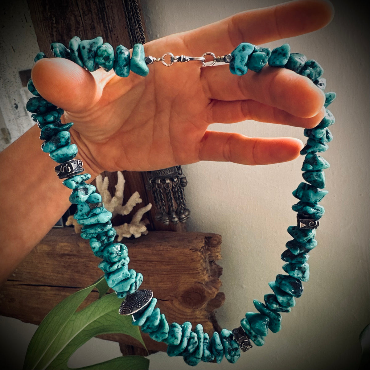 17.5” heavy Vintage nugget turquoise necklace with sterling silver accents