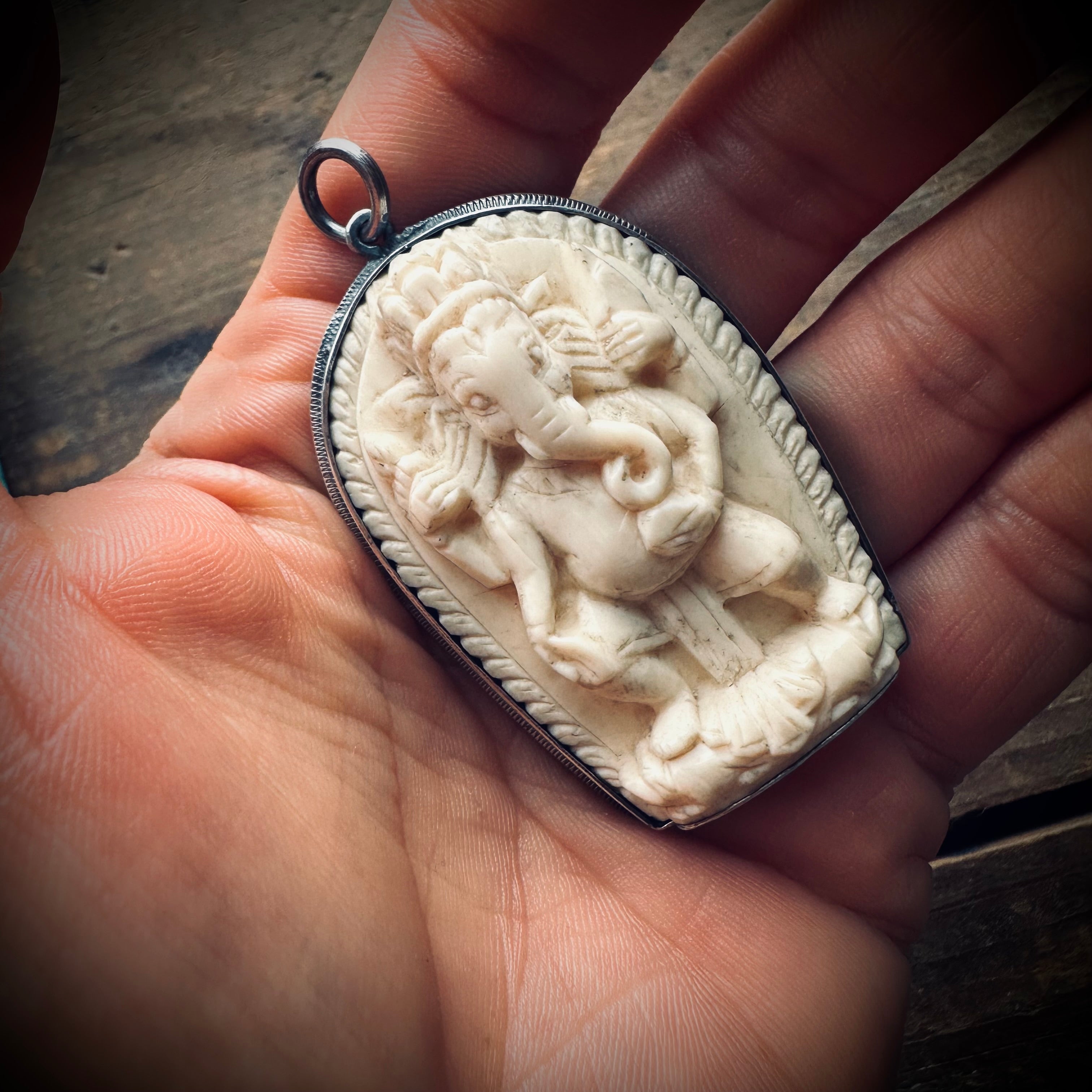Reworked vintage carved bone Ganesha pendant in sterling silver ornate setting