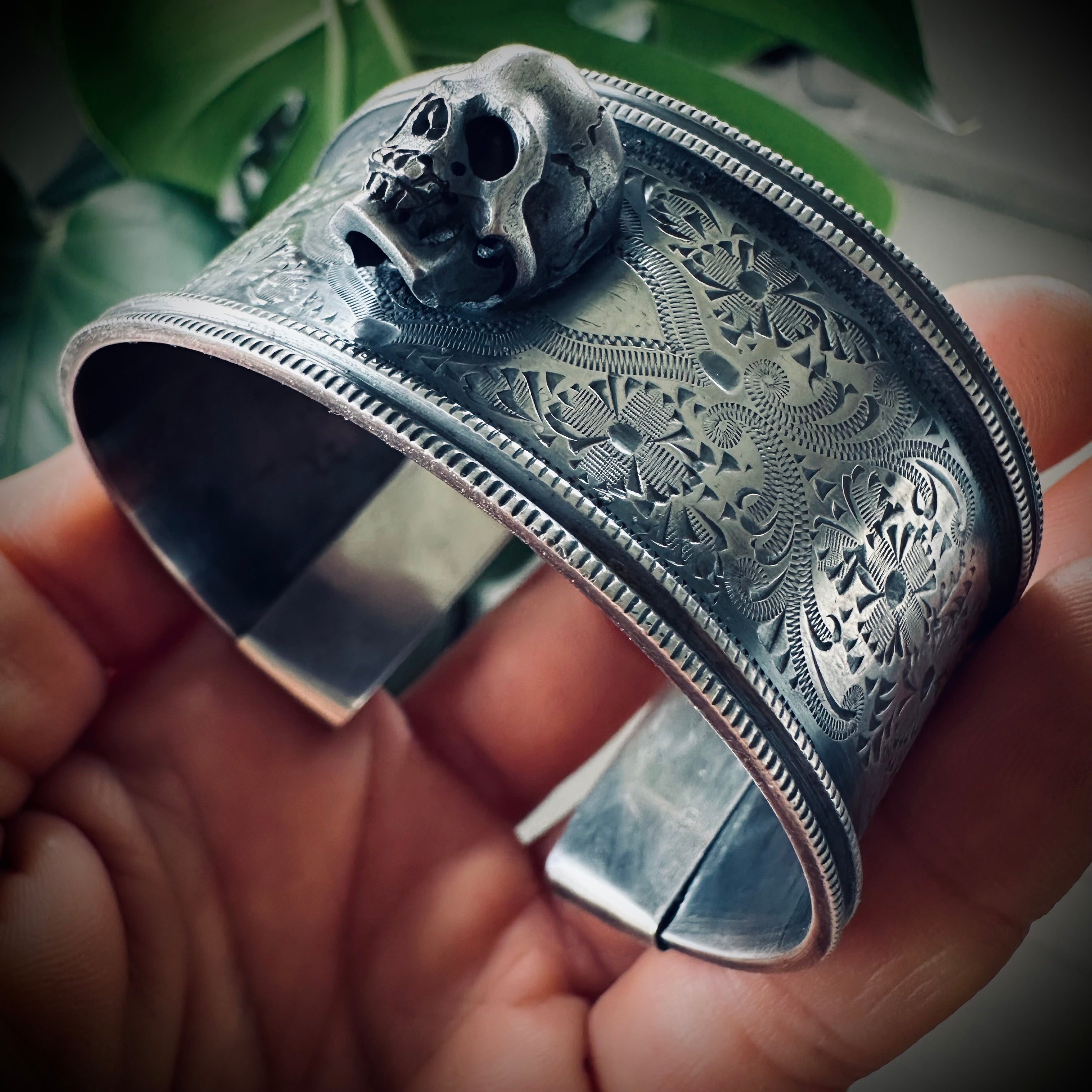 7” adjustable skull bracelet in hallmarked engraved sterling silver