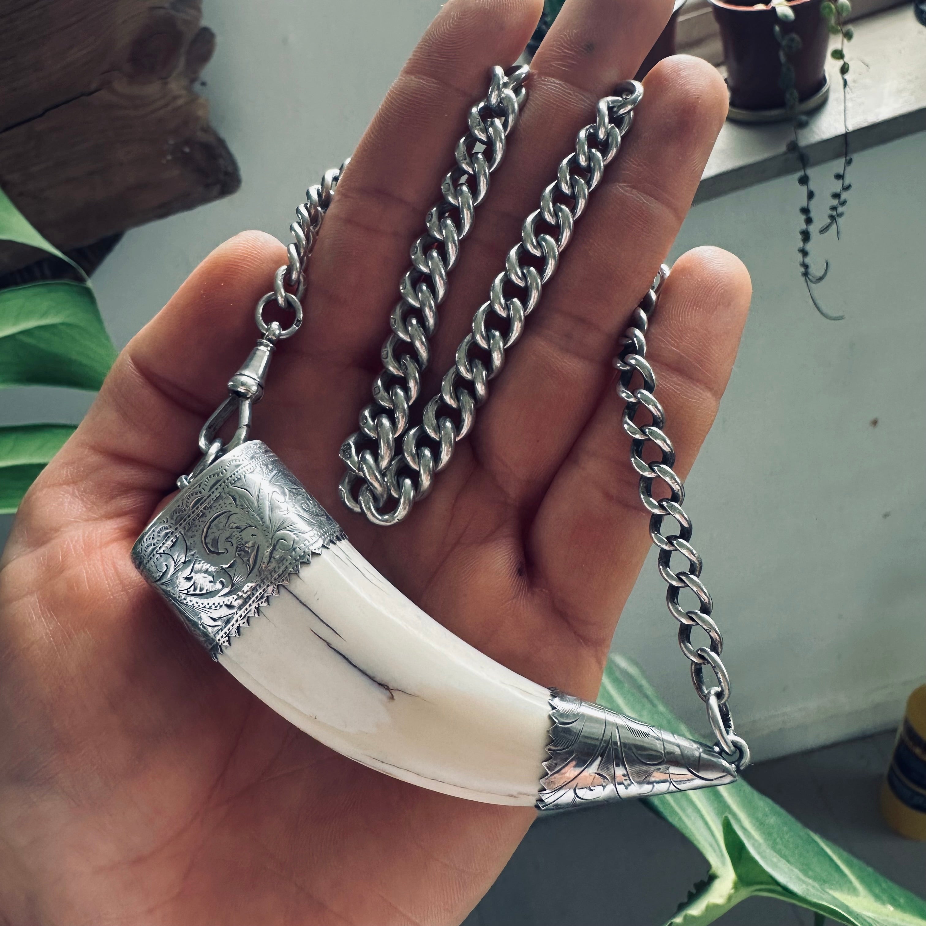 17” reworked vintage tusk necklace in hallmarked sterling silver with gorgeous graduated antique Albert chain