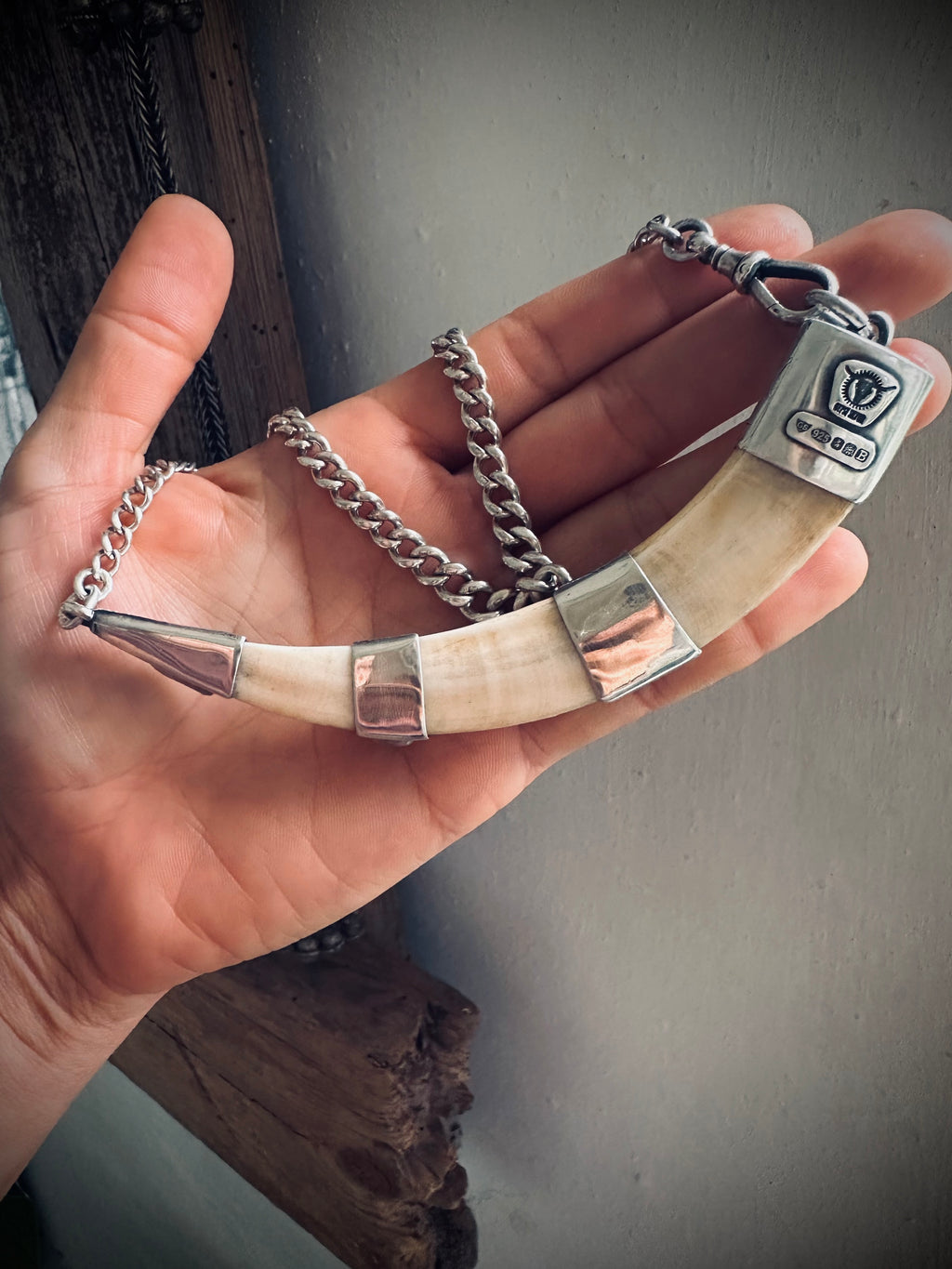 XL 5” reworked vintage tusk with turquoise in hallmarks sterling silver - 18” total length