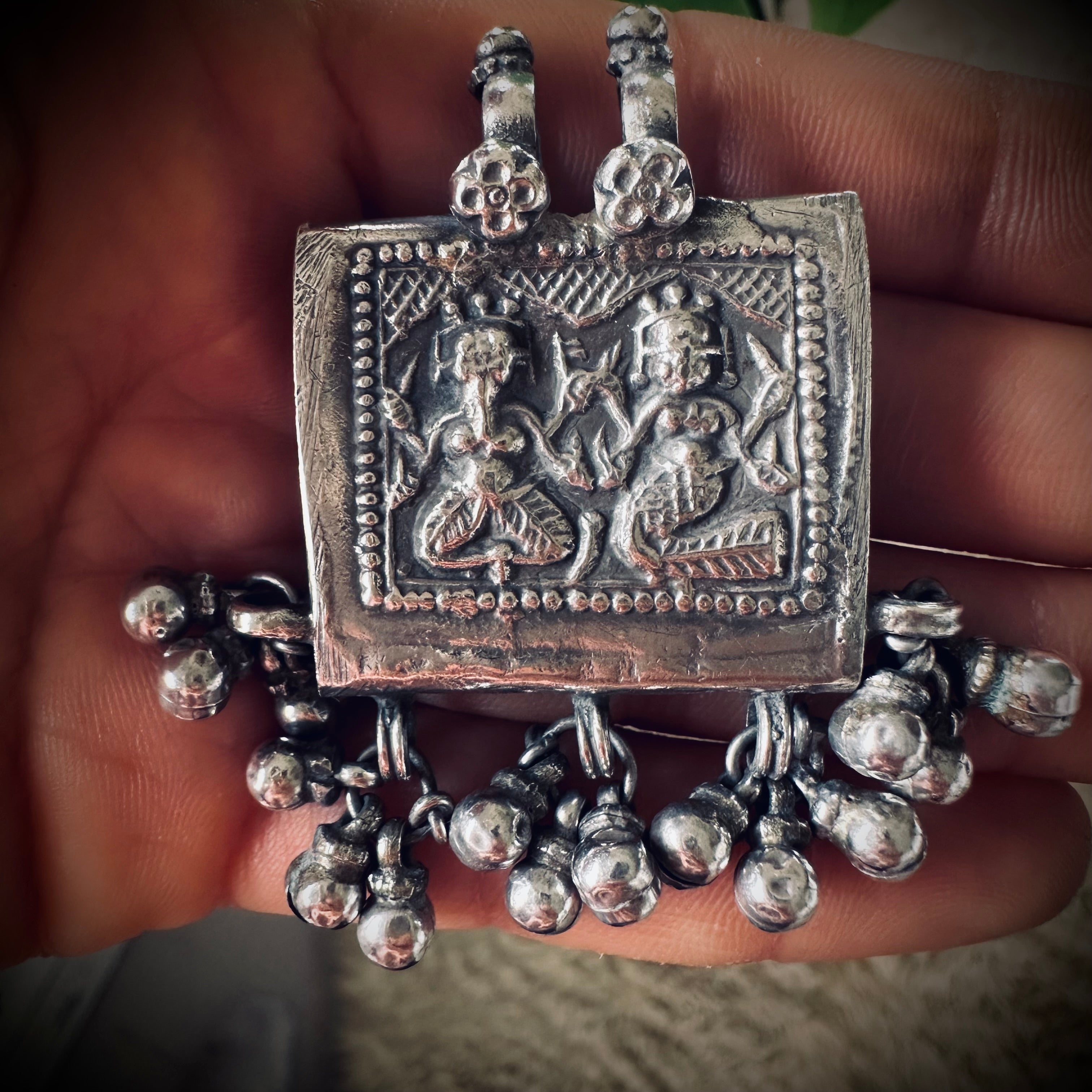 Vintage large silver deity talisman pendant with bells (heavy)