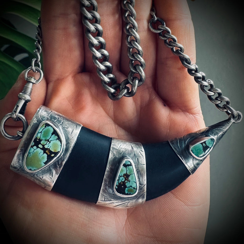 20” onyx tusk necklace in hallmarked sterling silver with turquoise and vintage chain