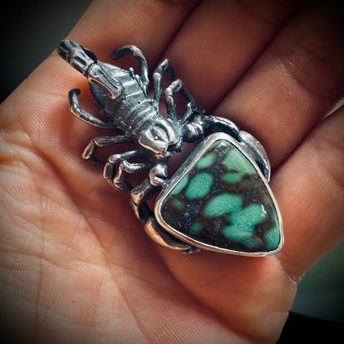 Hallmarked sterling silver and turquoise scorpion pendant