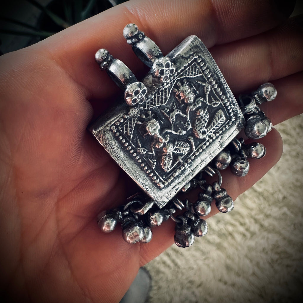 Vintage large silver deity talisman pendant with bells (heavy)