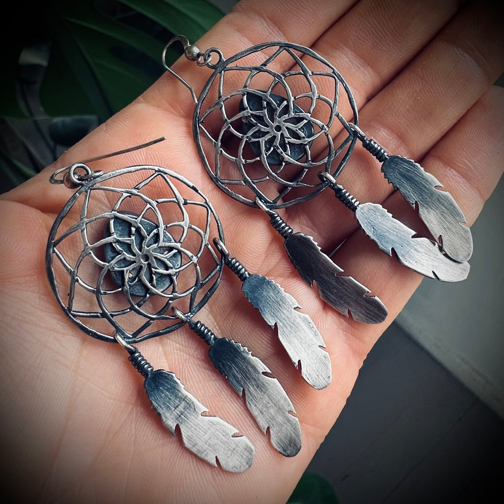 Vintage large statement dreamcatcher feather earrings with turquoise in sterling silver