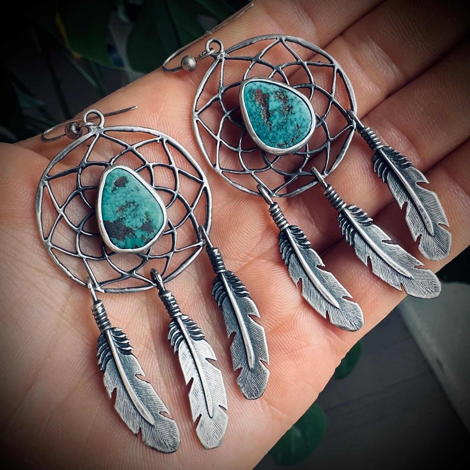 Vintage large statement dreamcatcher feather earrings with turquoise in sterling silver