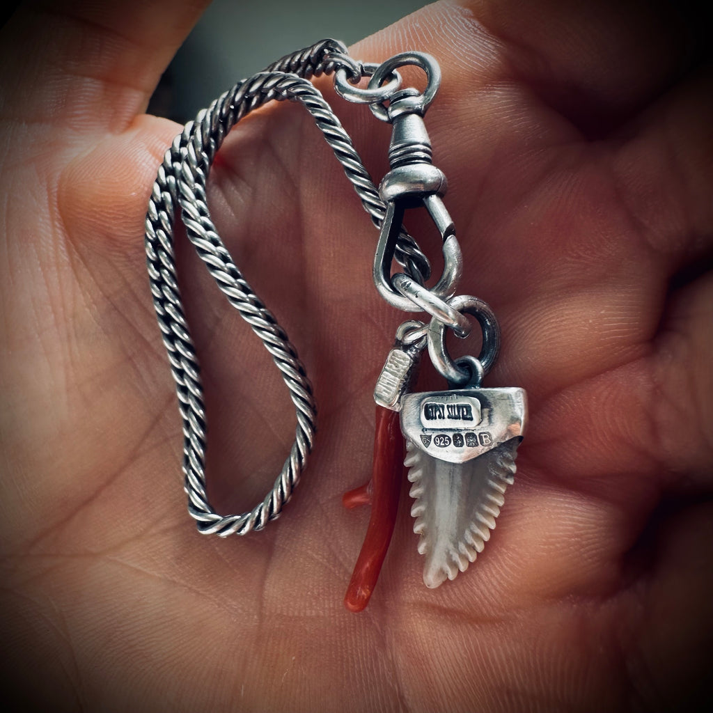 7” Antique sterling silver guard chain bracelet with Albert clip, fossil shark tooth and coral