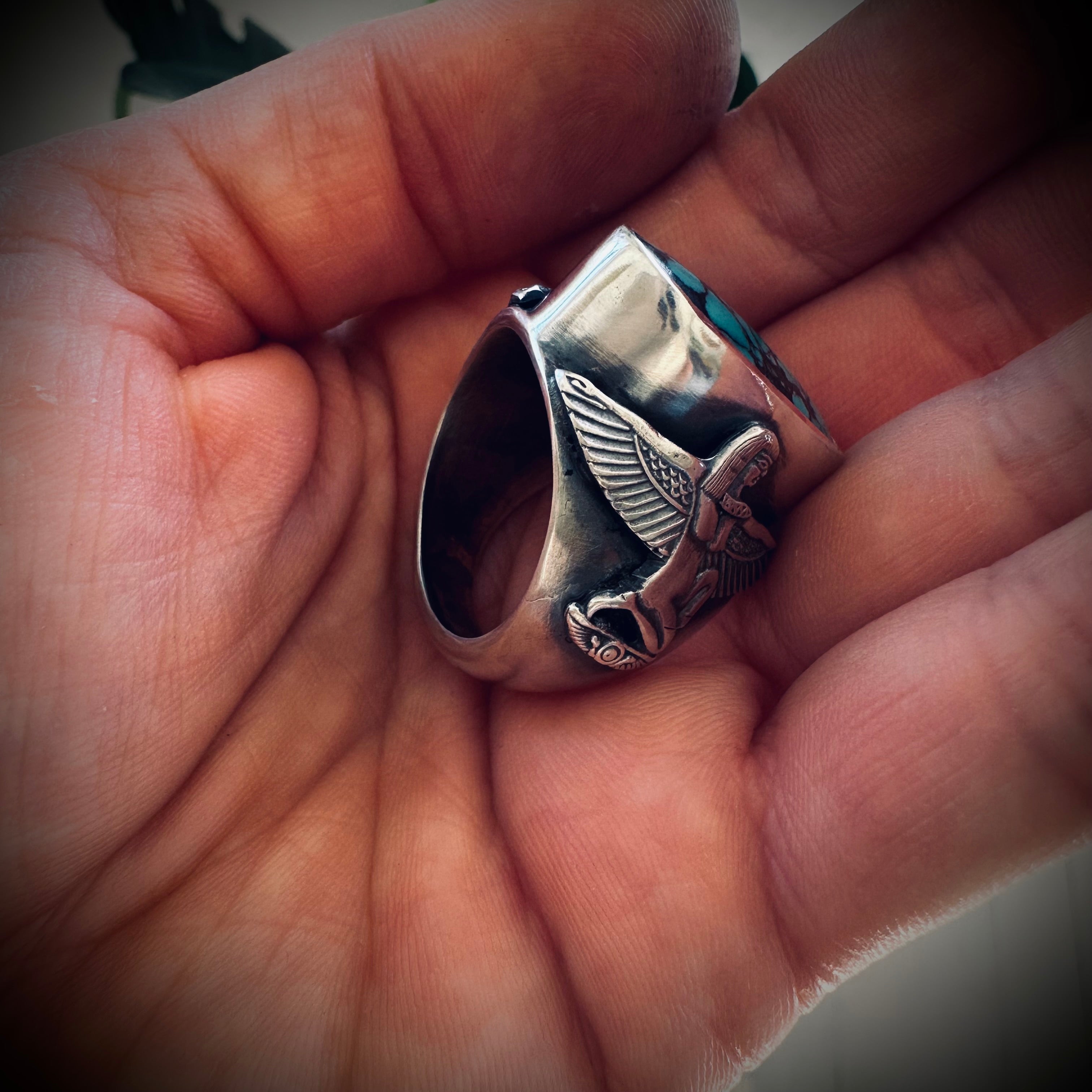 Size 8.5 (Q 1/2) Sterling silver hallmarked turquoise winged Isis ring