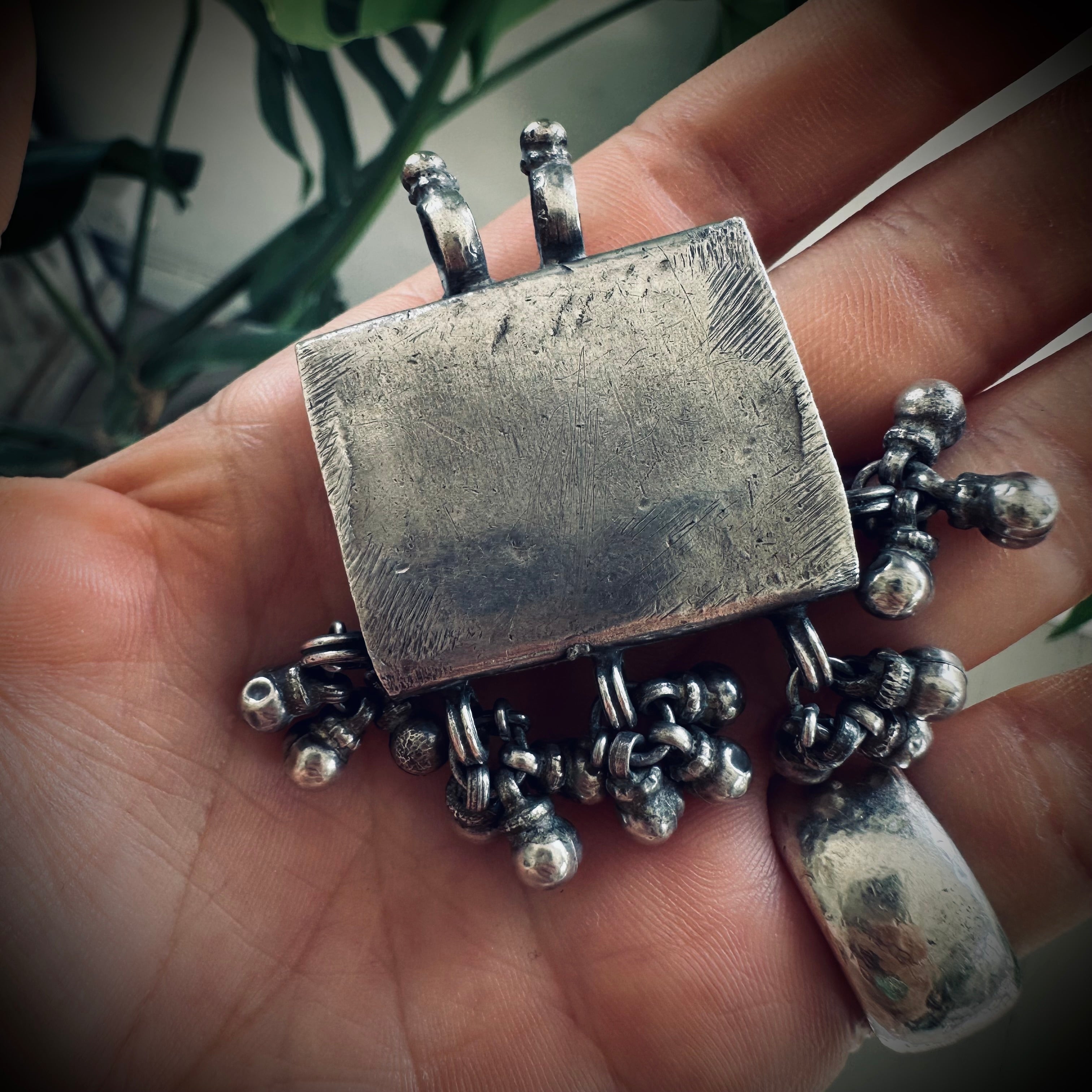 Large heavy vintage Indian spiritual talisman pendant in sterling silver