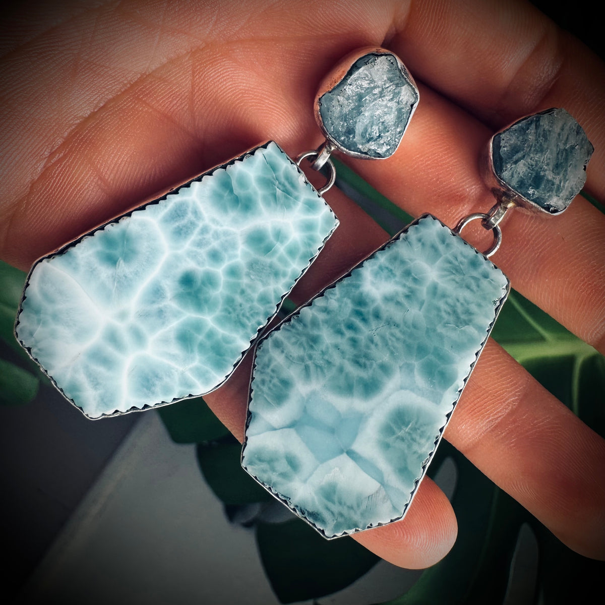 Vintage aquamarine and larimer statement earrings in sterling silver, 15g each