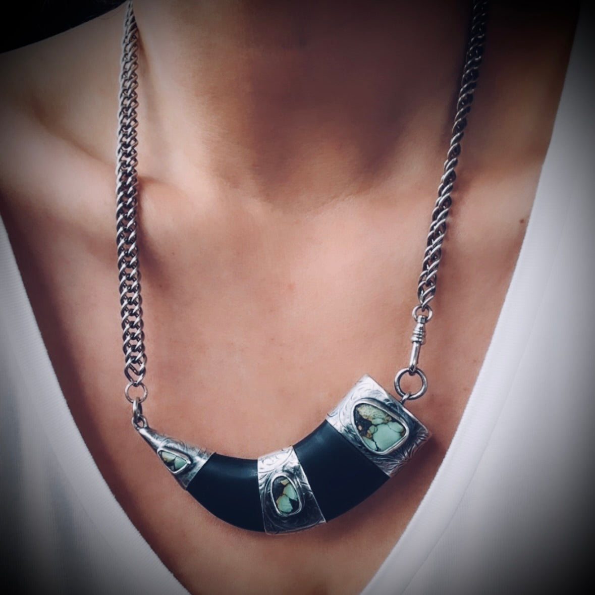 20” onyx tusk necklace in hallmarked sterling silver with turquoise and vintage chain