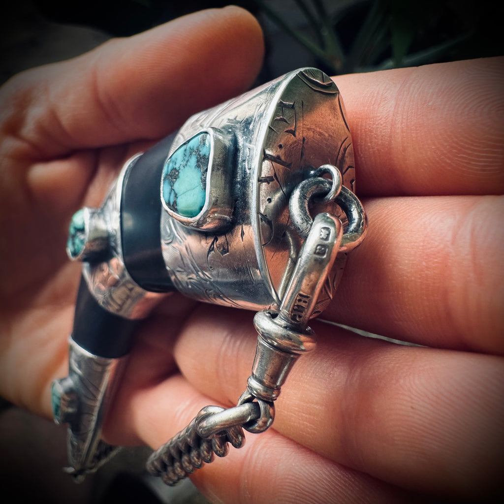 Sterling silver hallmarked black horn style necklace with reclaimed nugget turquoise and antique heavy albert chain - 17 1/2” total length