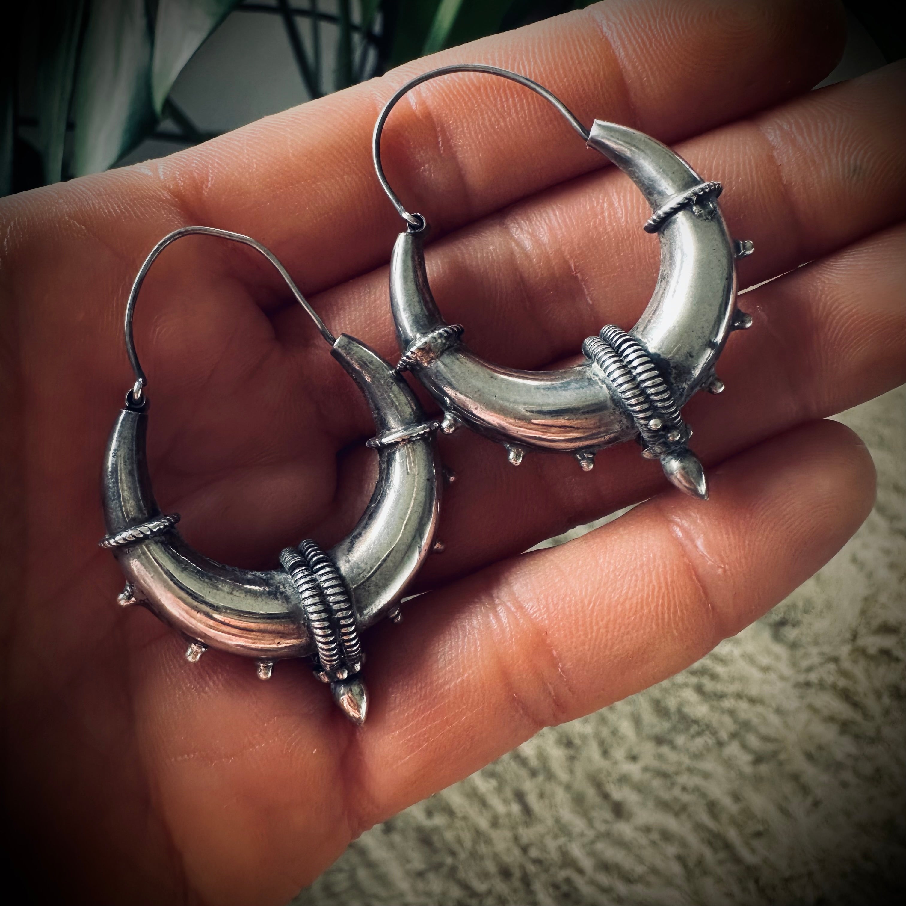 Vintage sterling silver spike hoops in large size