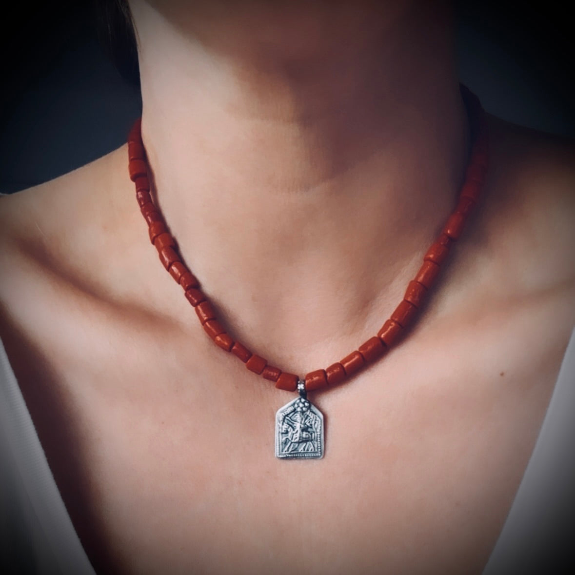 15” reworked red coral bead necklace with spiritual talisman in sterling silver