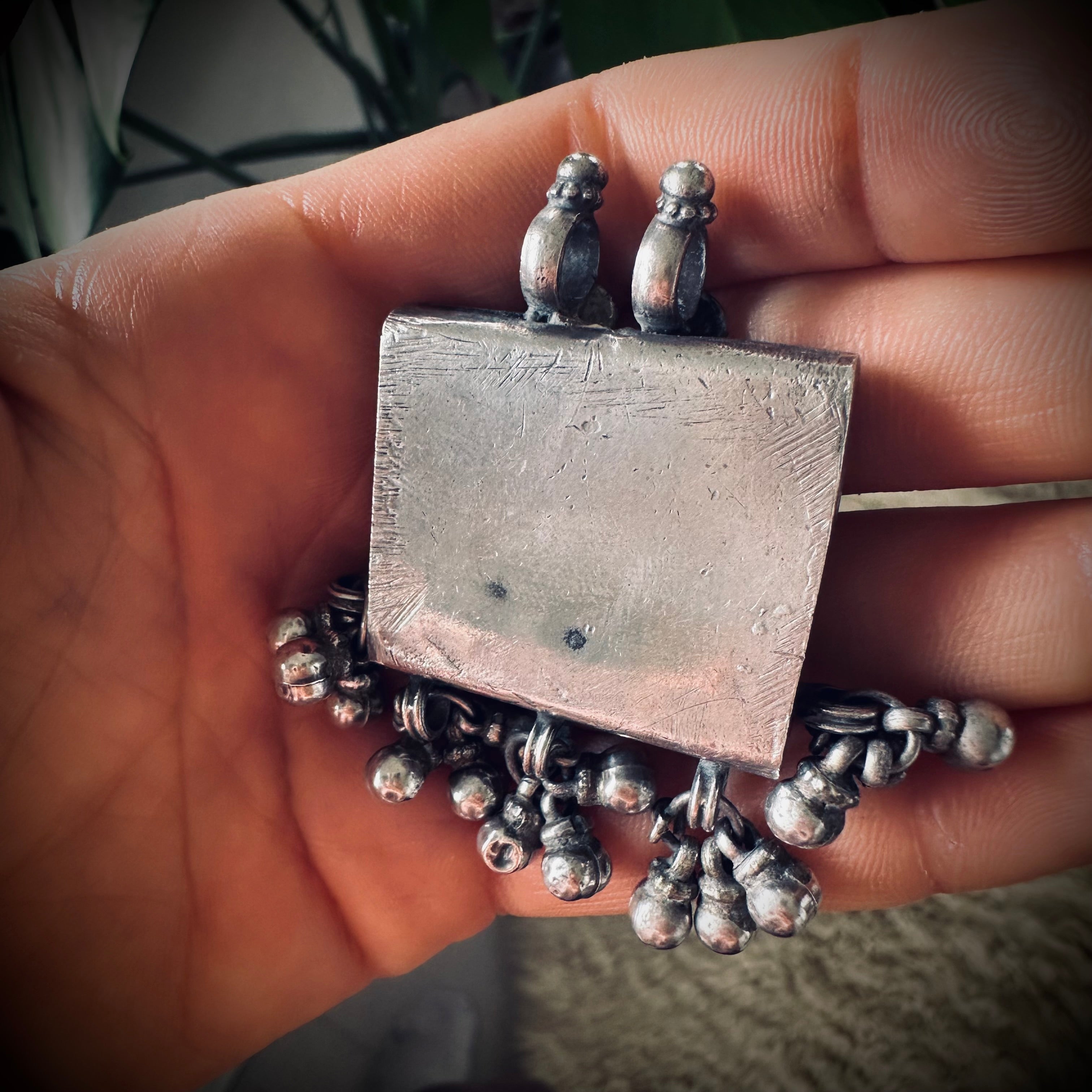 Vintage large silver deity talisman pendant with bells (heavy)