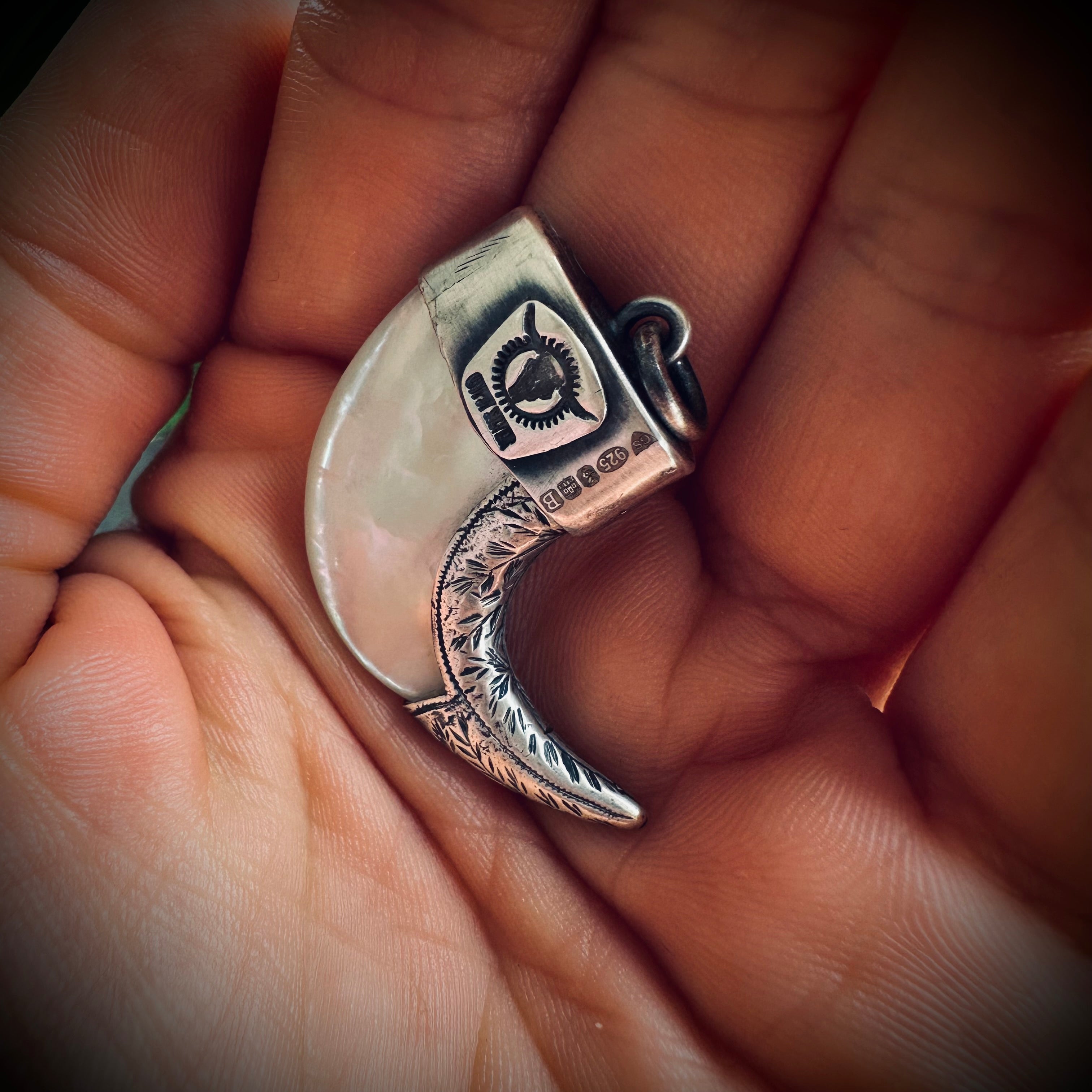Mother of pearl claw style pendant with turquoise in hallmarked sterling silver