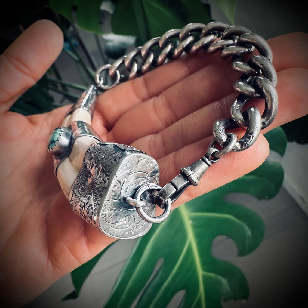 8”” reworked vintage tusk bracelet in hallmarked engraved sterling silver with turquoise