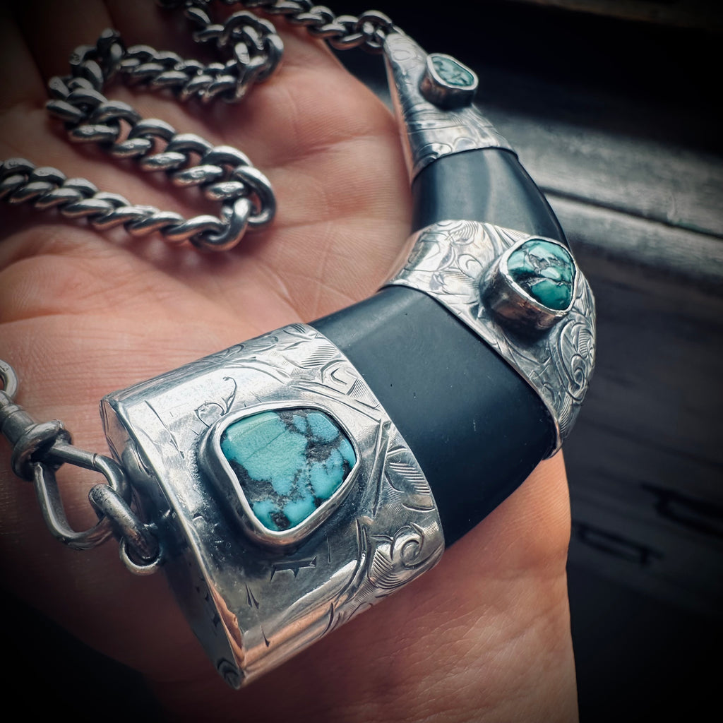 Sterling silver hallmarked black horn style necklace with reclaimed nugget turquoise and antique heavy albert chain - 17 1/2” total length