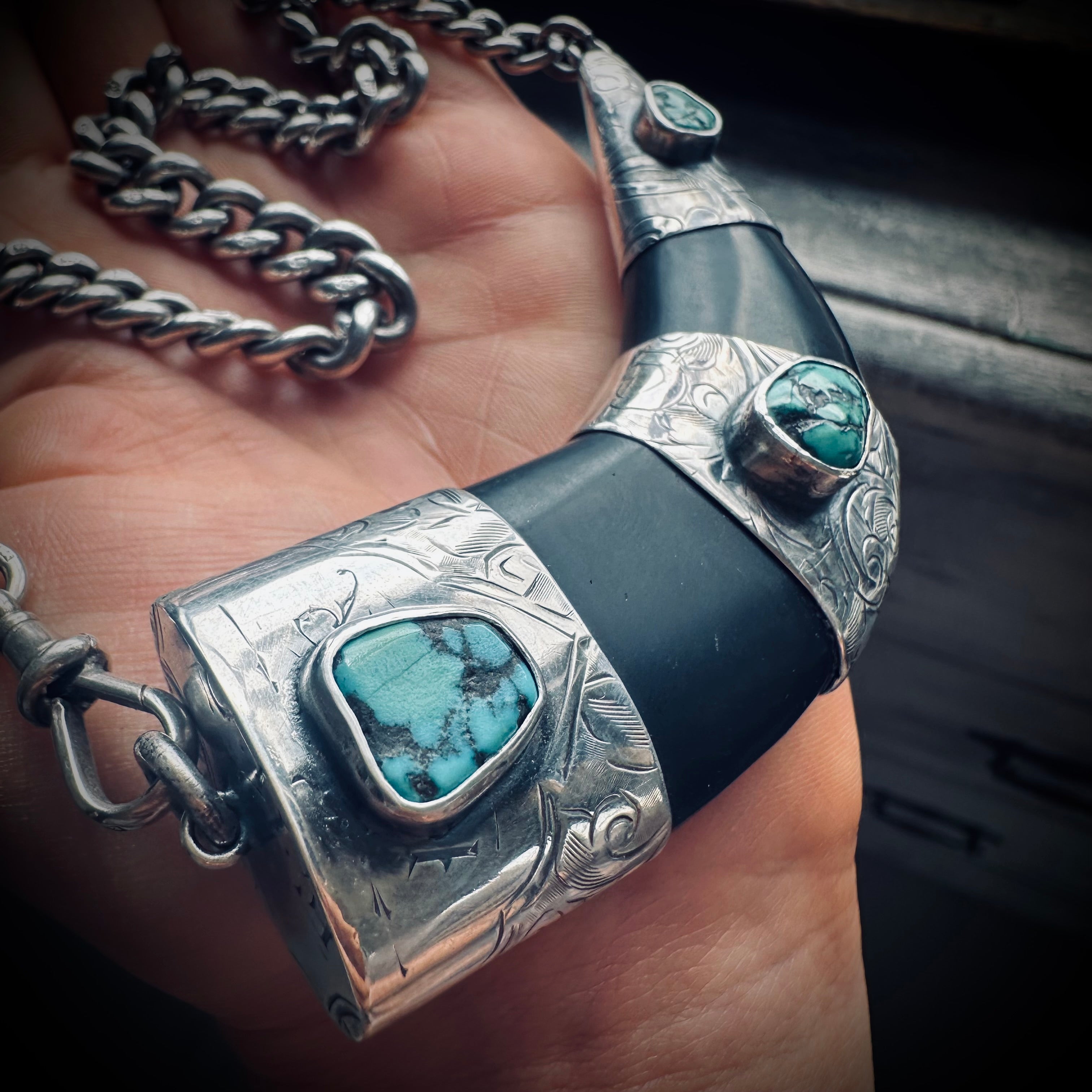 Sterling silver hallmarked black horn style necklace with reclaimed nugget turquoise and antique heavy albert chain - 17 1/2” total length