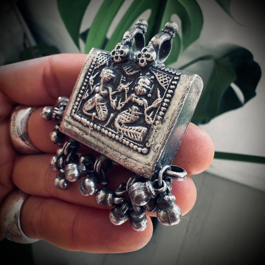 Large heavy vintage Indian spiritual talisman pendant in sterling silver