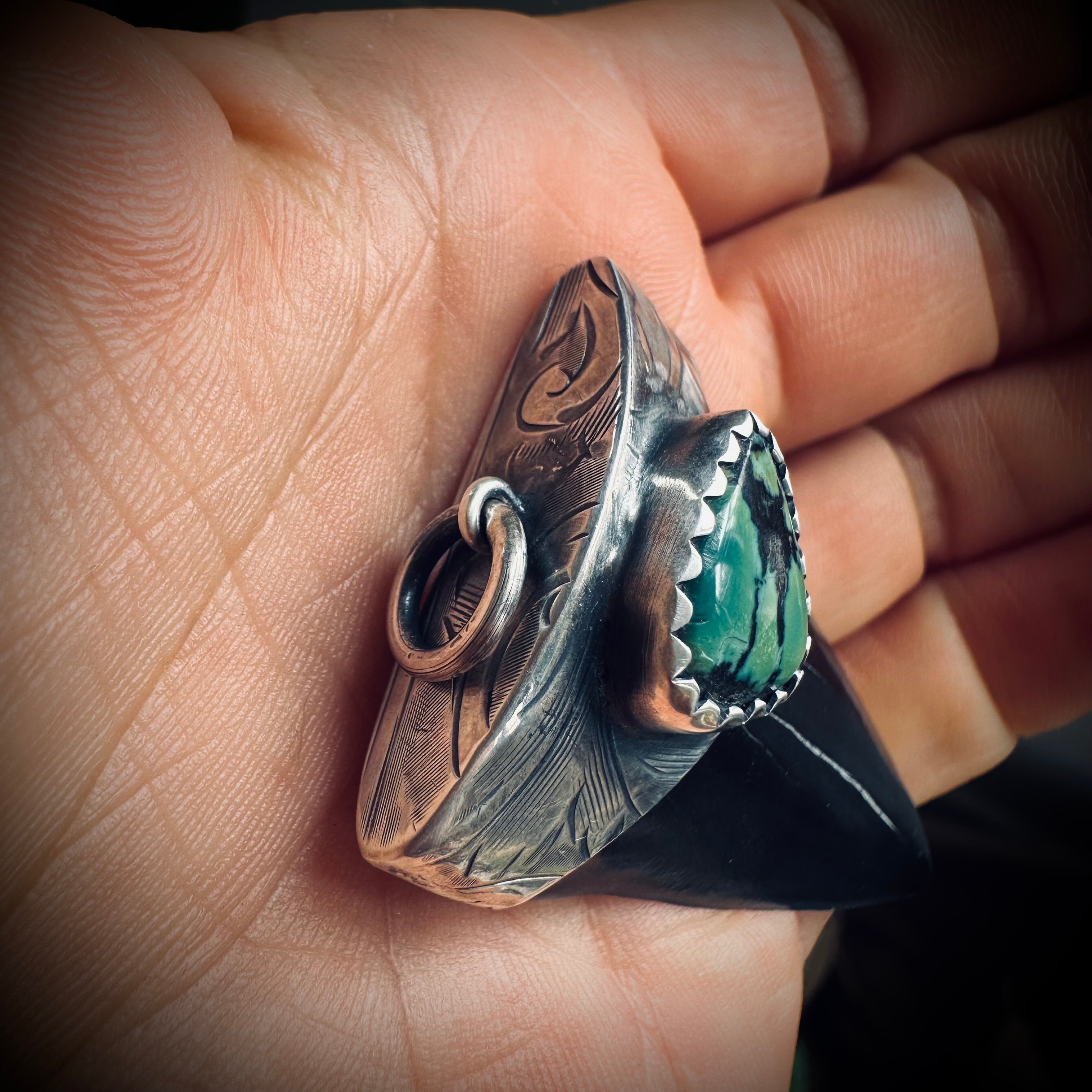 Fossilised shark tooth pendant in engraved hallmarked sterling silver