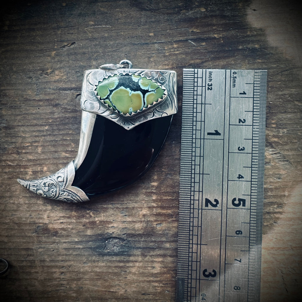 XL Hallmarked sterling silver and turquoise claw pendant in black onyx