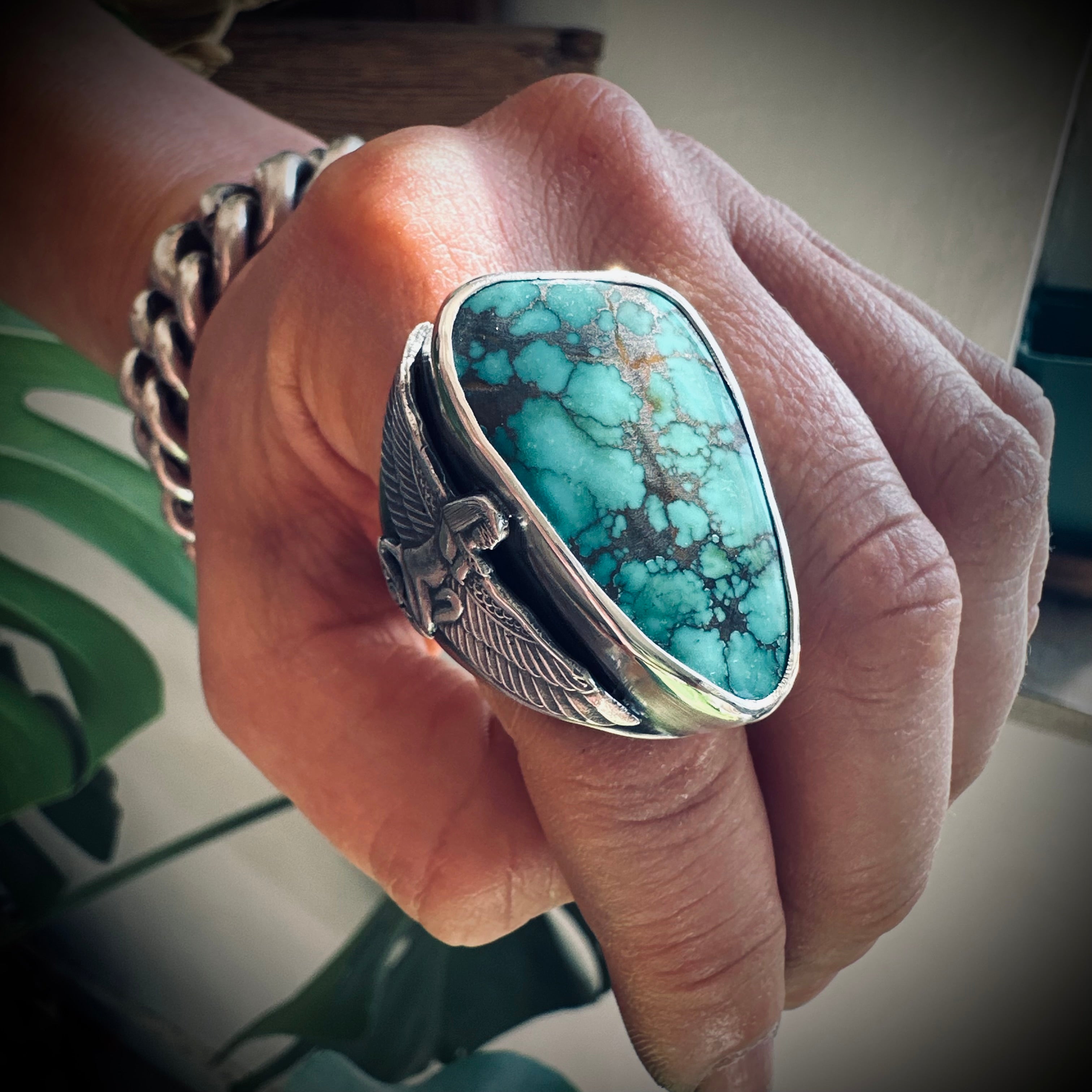 Size 9 (R 1/2) Sterling silver hallmarked turquoise winged Isis ring