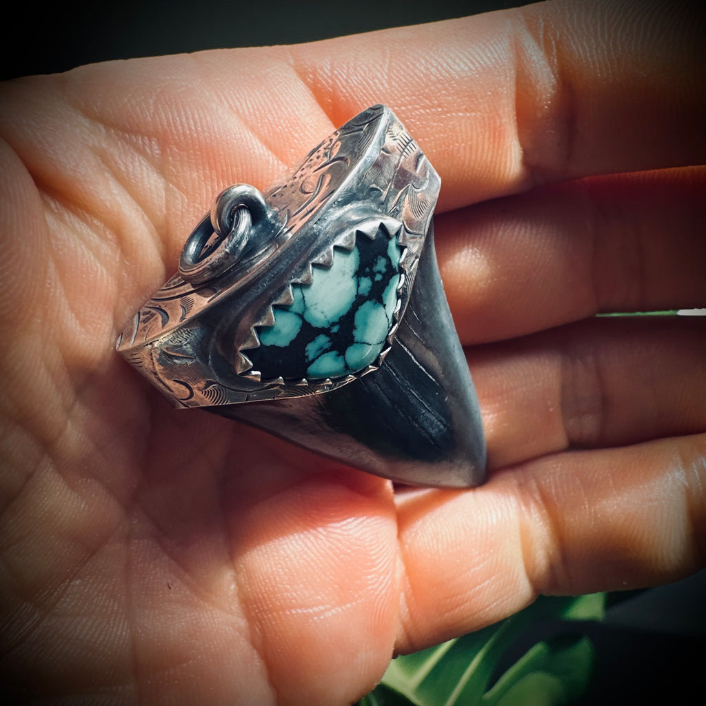Sterling silver hallmarked fossilised shark tooth pendant with turquoise