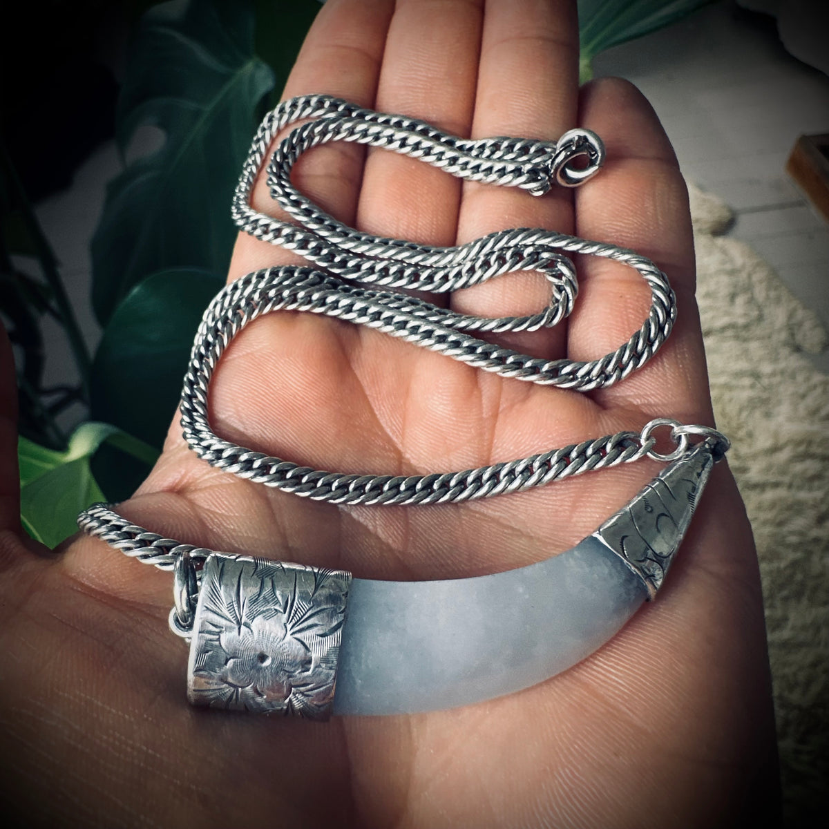 2” grey agate “tusk” on 20” antique guard chain in sterling silver