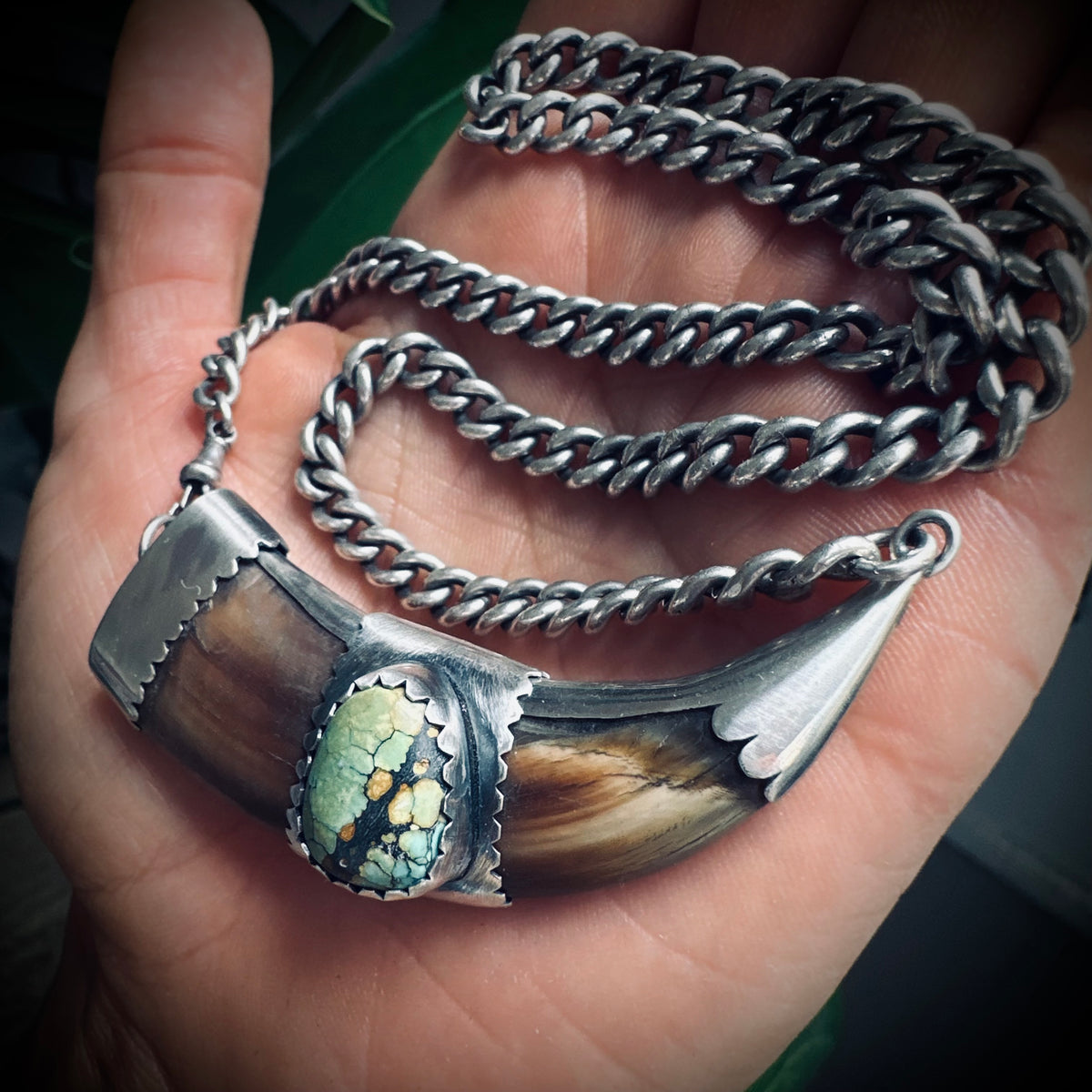 2.5” horn with turquoise on 14” antique sterling silver chain