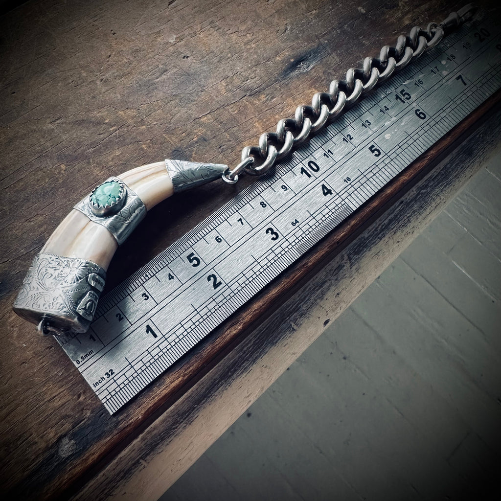 8”” reworked vintage tusk bracelet in hallmarked engraved sterling silver with turquoise