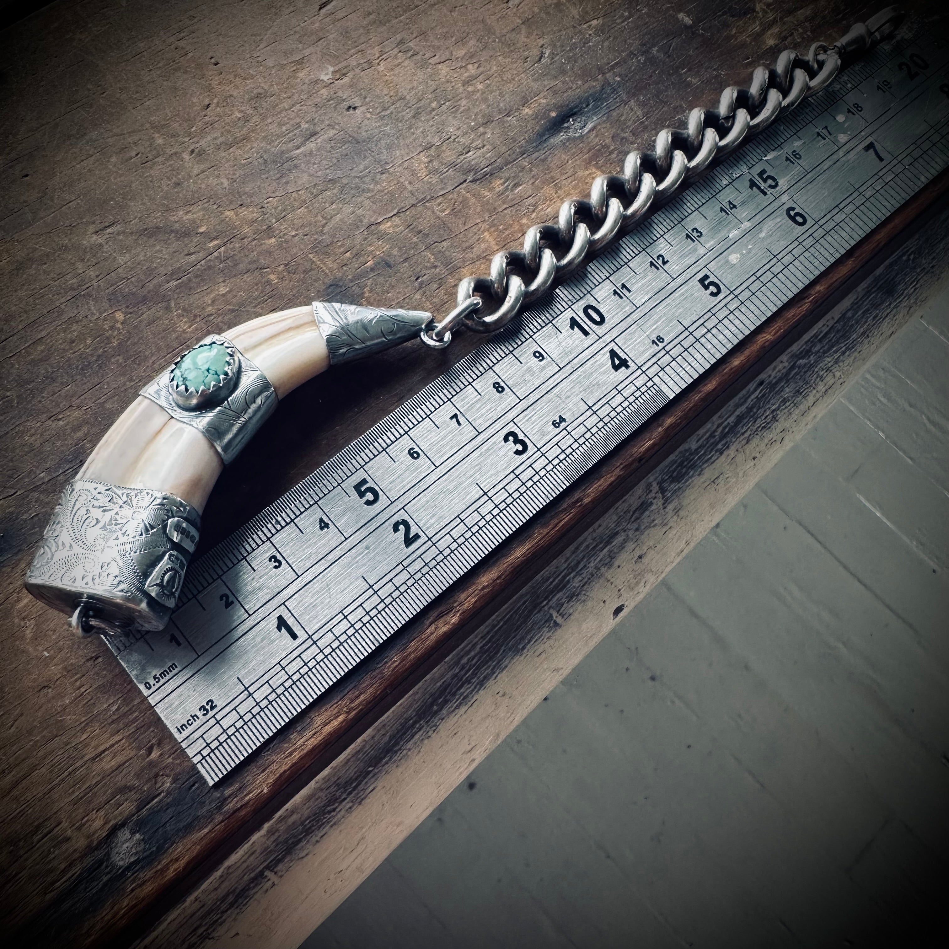 8”” reworked vintage tusk bracelet in hallmarked engraved sterling silver with turquoise