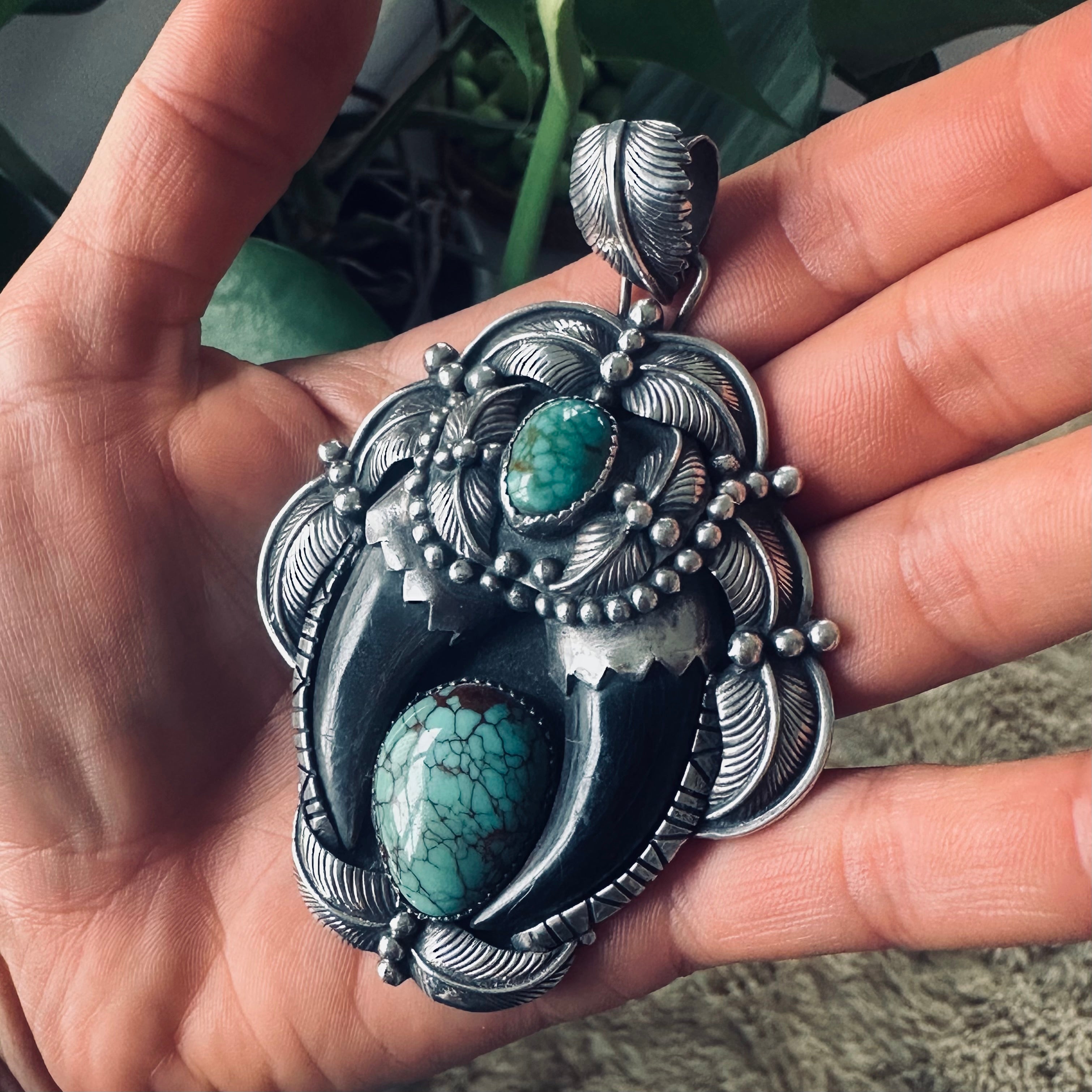 Huge Native American vintage double carved “claw” style pendant with turquoise and beautiful appliqué details in sterling silver