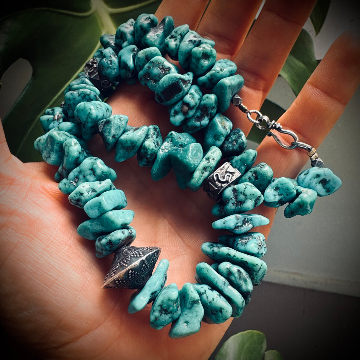 17.5” heavy Vintage nugget turquoise necklace with sterling silver accents